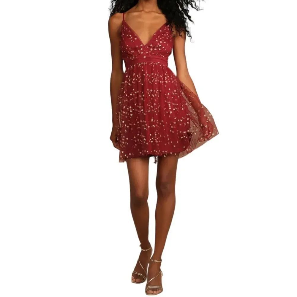 NWT LULUS Favorite Moment Burgundy and Gold Star Print Skater Dress M
